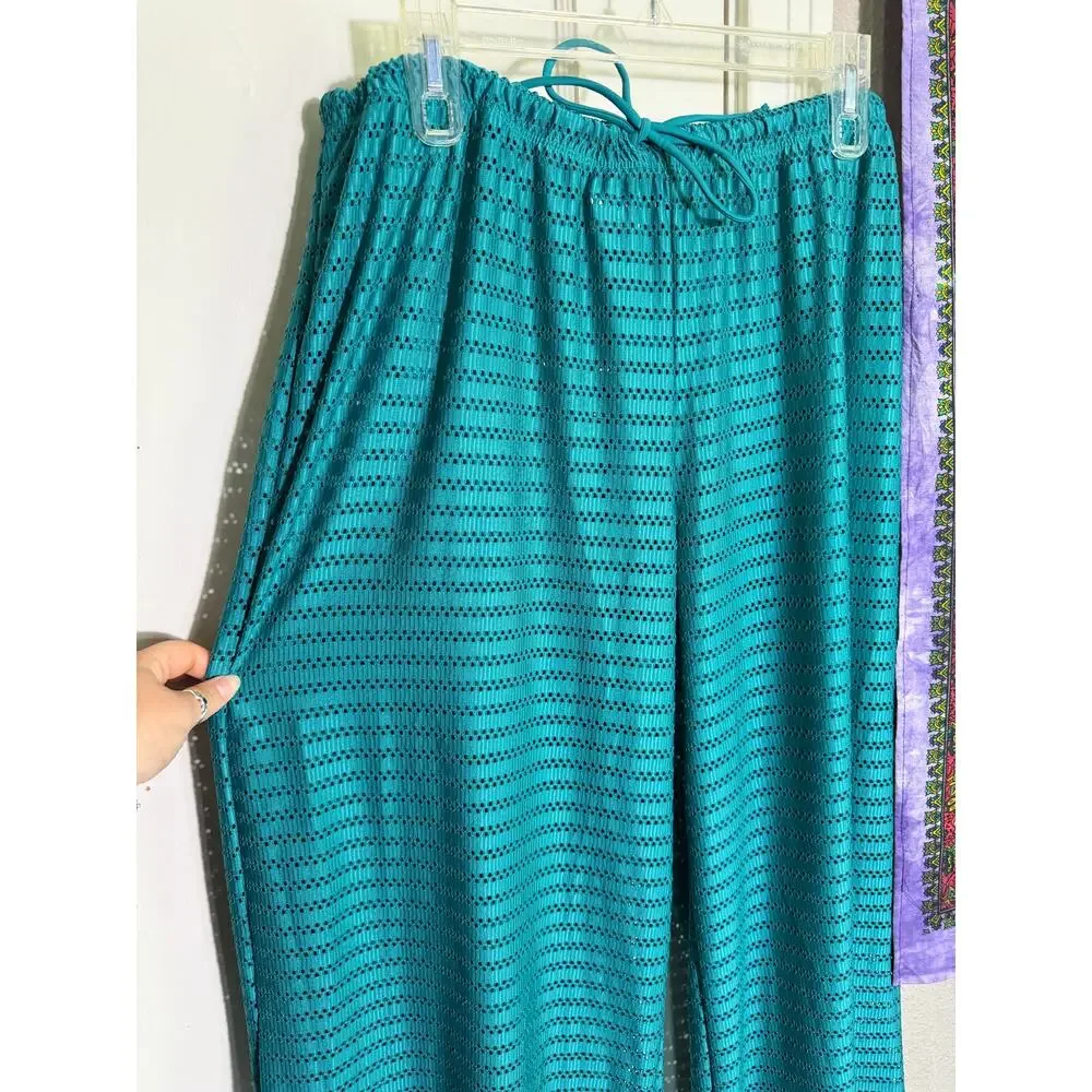 Hurley Teal 2 Piece Set Wide Leg Pants Button Shirt Crochet Open Knit - XL